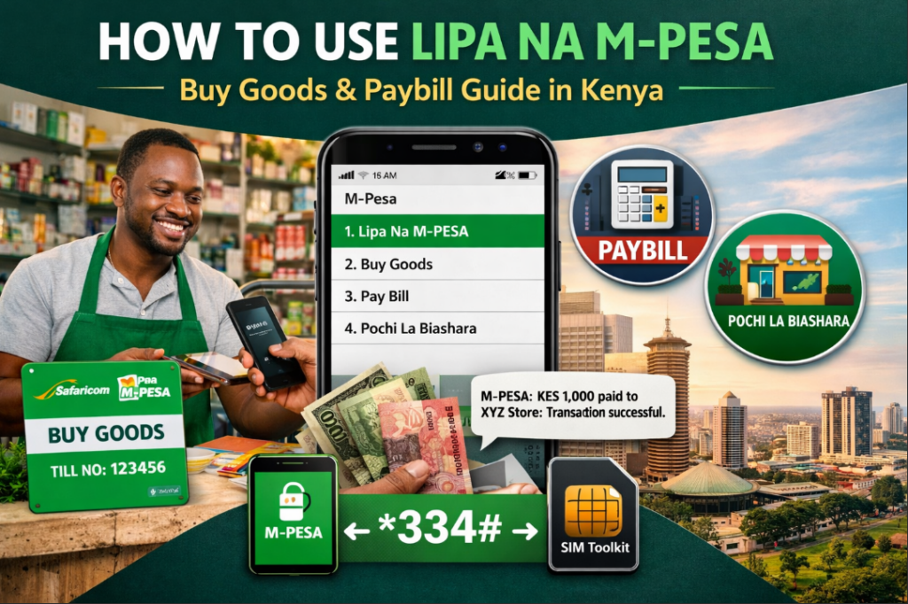 How to use Lipa Na M-Pesa in Kenya showing Buy Goods till number, Paybill option and 334# USSD payment steps