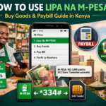 How to use Lipa Na M-Pesa in Kenya showing Buy Goods till number, Paybill option and 334# USSD payment steps