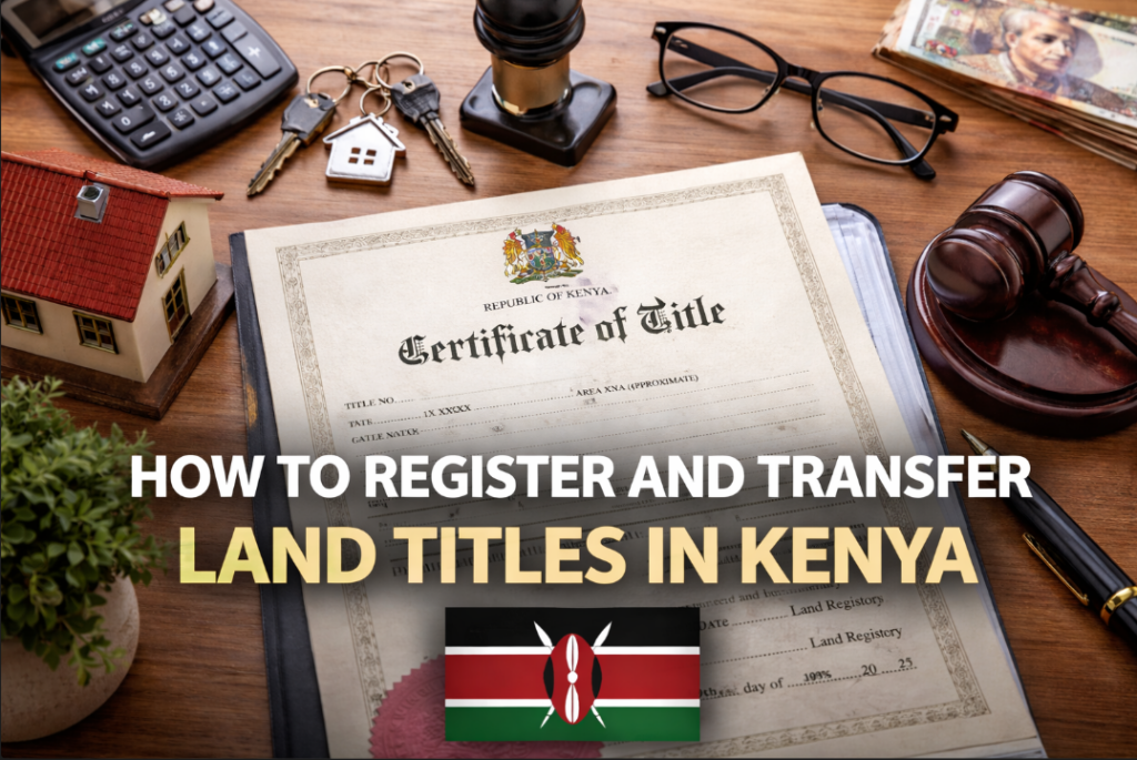 a representation of the Kenyan Certificate of Title on a desk with legal tools and Kenya flag representing land registration and transfer process