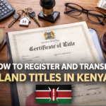 a representation of the Kenyan Certificate of Title on a desk with legal tools and Kenya flag representing land registration and transfer process