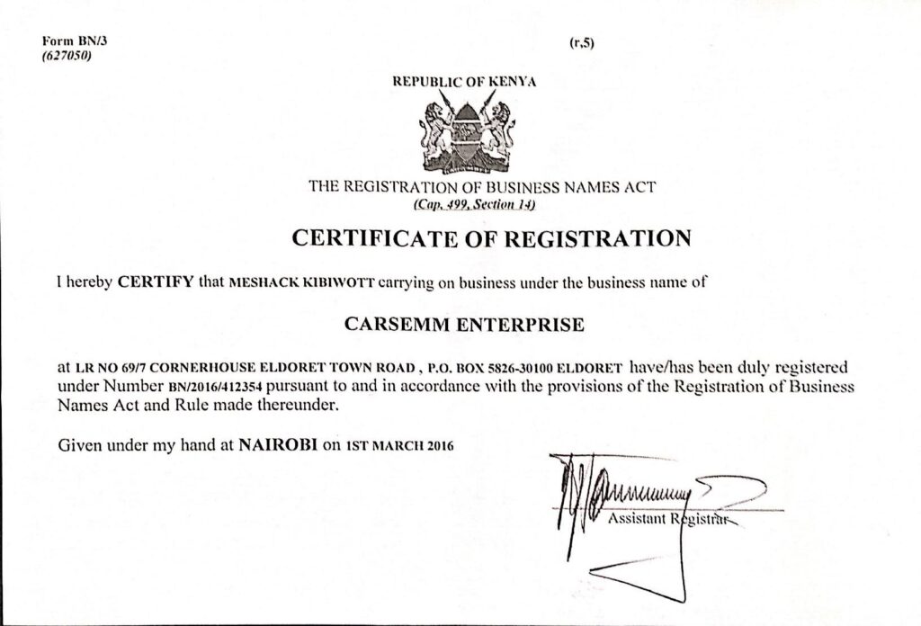 business registration certificate