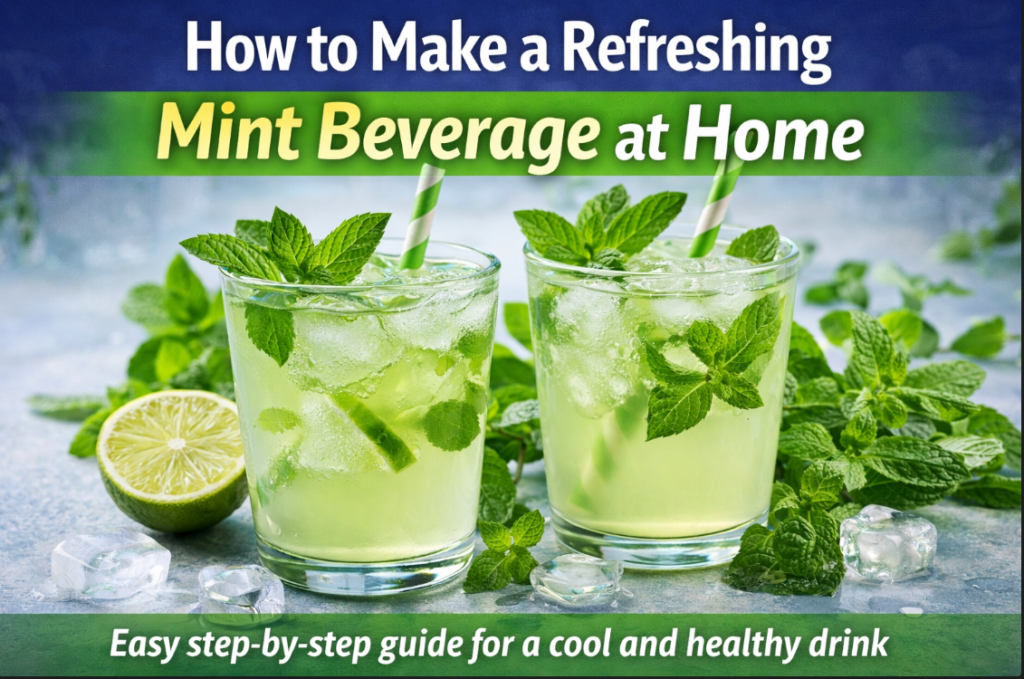 Two glasses of refreshing iced mint beverage with fresh mint leaves, lime slices, and ice cubes on a wooden table, ready to serve at home