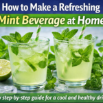 Two glasses of refreshing iced mint beverage with fresh mint leaves, lime slices, and ice cubes on a wooden table, ready to serve at home