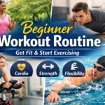 Beginner workout routine guide showing simple exercises for people starting to exercise