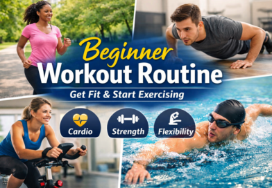 Beginner workout routine guide showing simple exercises for people starting to exercise