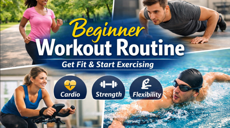 Beginner workout routine guide showing simple exercises for people starting to exercise