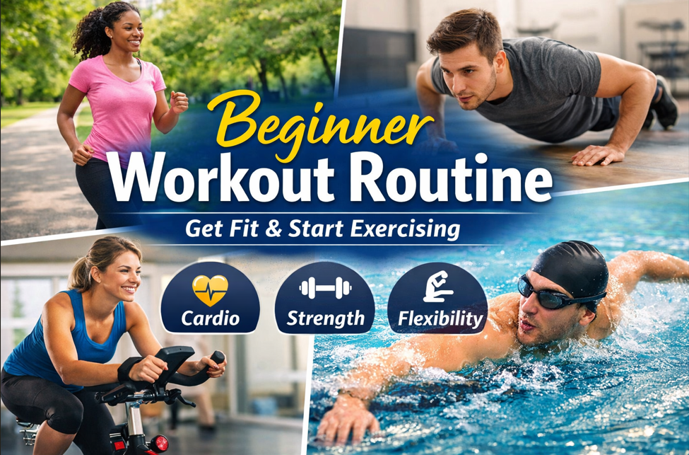 Beginner workout routine guide showing simple exercises for people starting to exercise