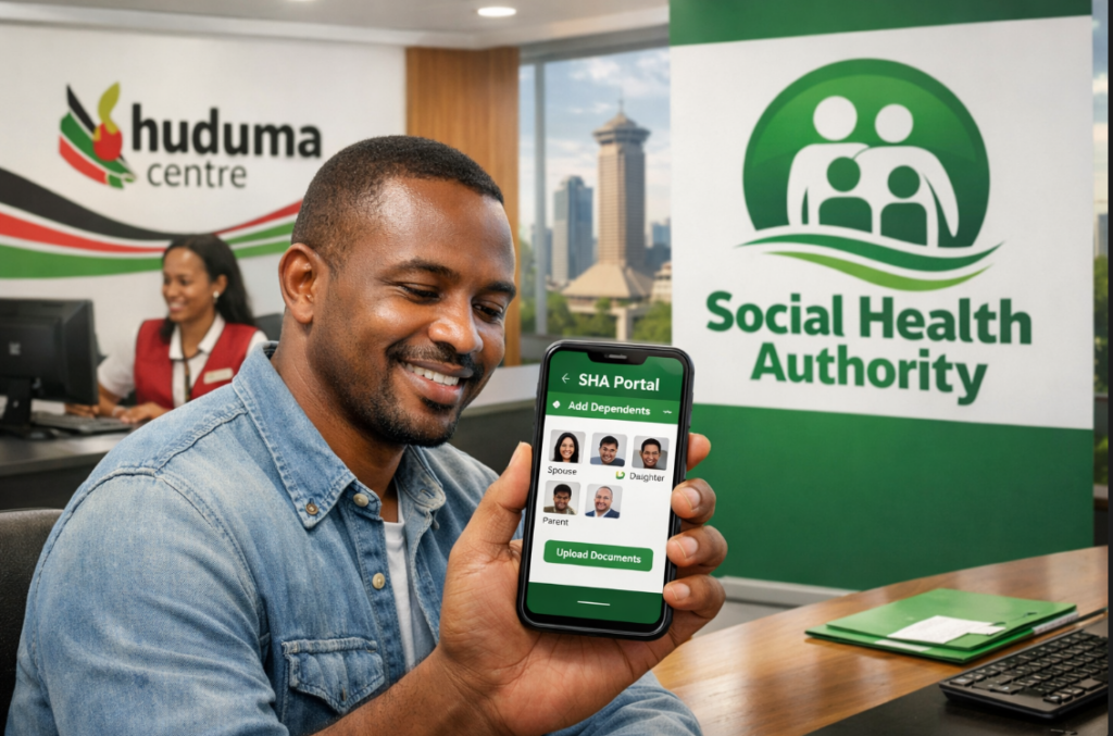 Kenyan man adding dependents on SHA portal using smartphone at Huduma Centre