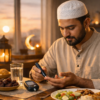 Man checking blood sugar with glucose meter before iftar during Ramadan fasting for diabetes safety.
