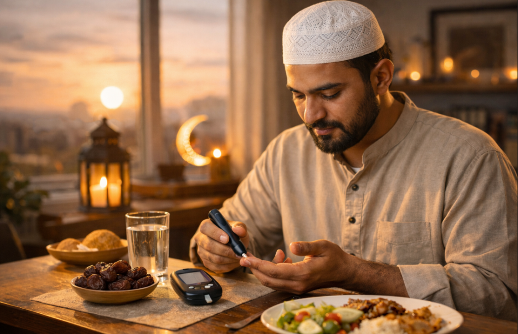 Man checking blood sugar with glucose meter before iftar during Ramadan fasting for diabetes safety.