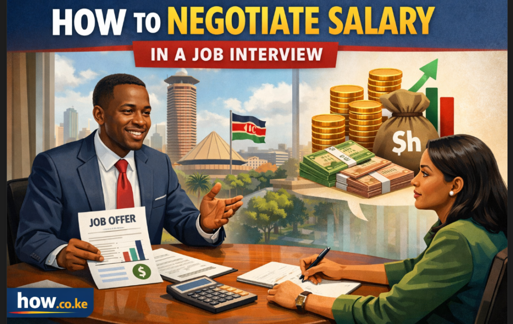 How to negotiate salary in a job interview in Kenya showing two professionals discussing a job offer with Nairobi skyline background