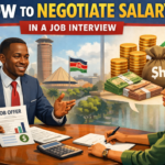 How to negotiate salary in a job interview in Kenya showing two professionals discussing a job offer with Nairobi skyline background