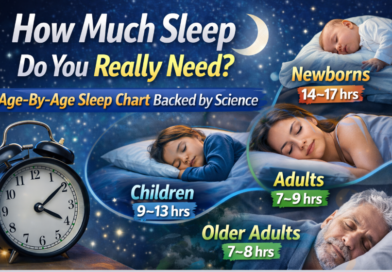 Infographic showing how much sleep people need by age including newborns, children, adults, and older adults based on science