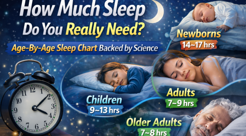 Infographic showing how much sleep people need by age including newborns, children, adults, and older adults based on science