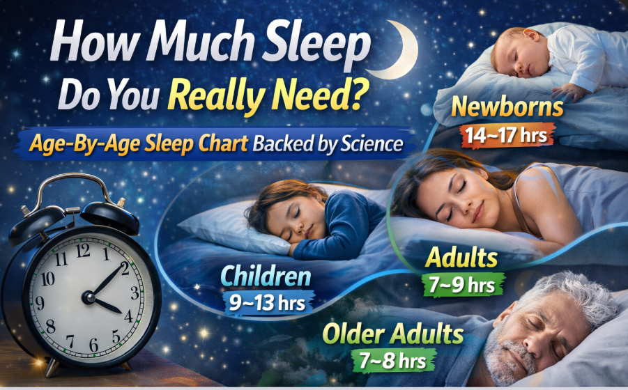 Infographic showing how much sleep people need by age including newborns, children, adults, and older adults based on science