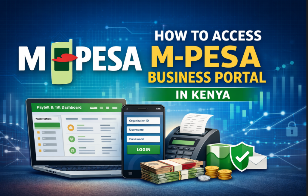 M-Pesa Business Portal login dashboard showing how to access Safaricom Paybill and Till account in Kenya