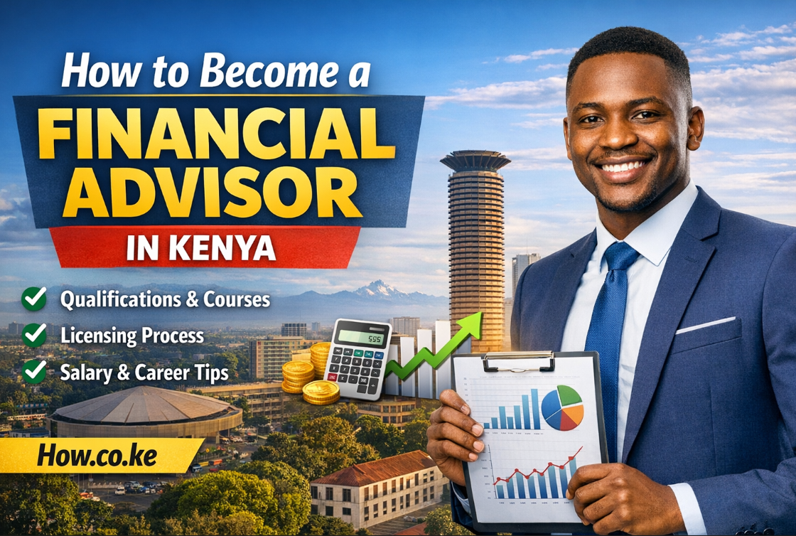 How to become a financial advisor in Kenya with Nairobi skyline, business professional holding financial charts and growth graph