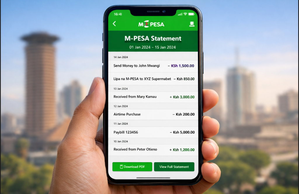 martphone showing M-PESA statement with transaction history in Kenya