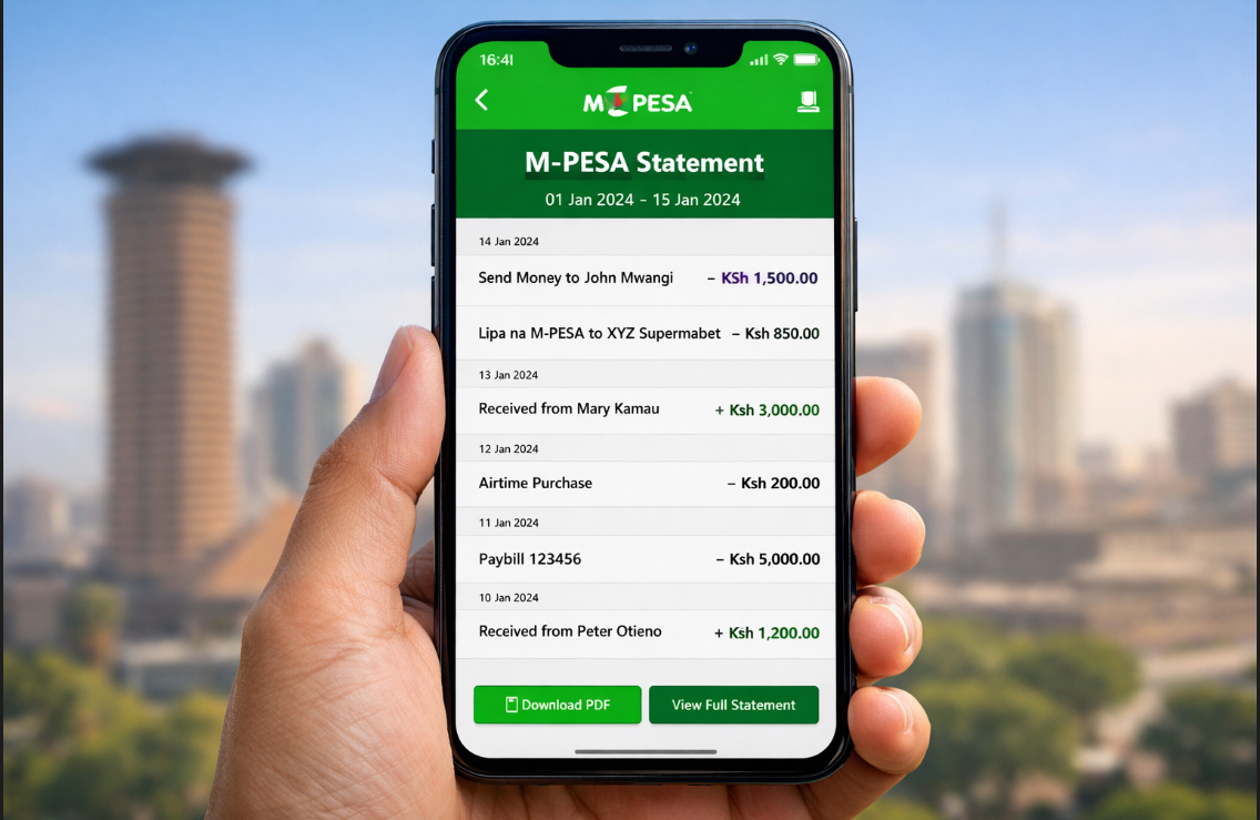 martphone showing M-PESA statement with transaction history in Kenya