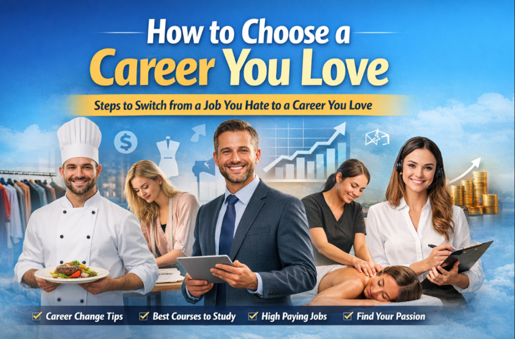 How to choose a career you love illustration showing different professions including chef, consultant, massage therapist and financial advisor