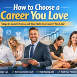 How to choose a career you love illustration showing different professions including chef, consultant, massage therapist and financial advisor