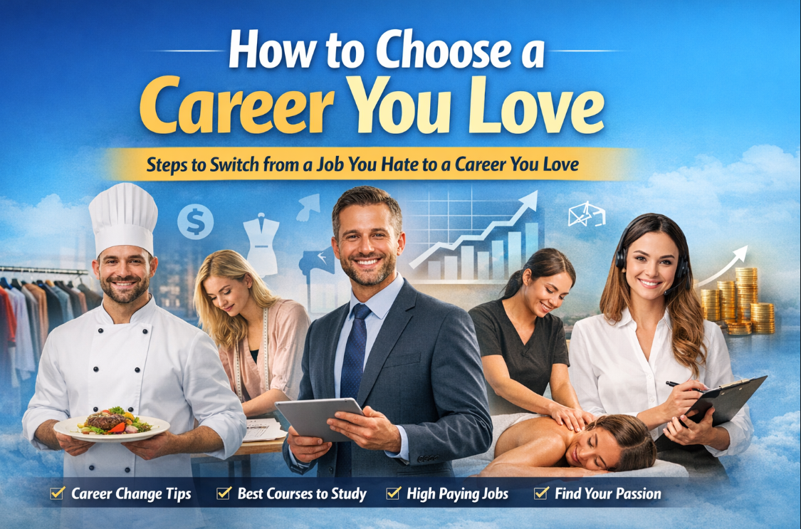 How to choose a career you love illustration showing different professions including chef, consultant, massage therapist and financial advisor