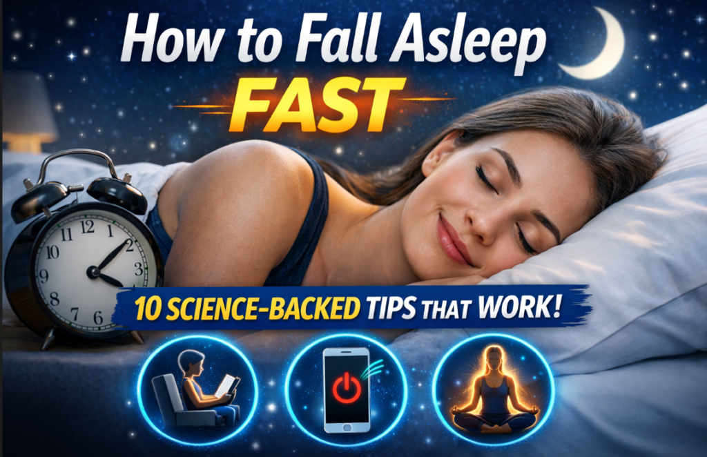 Woman sleeping peacefully beside an alarm clock illustrating science-backed tips to fall asleep fast and improve sleep quality.