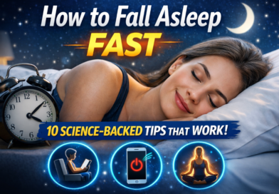 Woman sleeping peacefully beside an alarm clock illustrating science-backed tips to fall asleep fast and improve sleep quality.