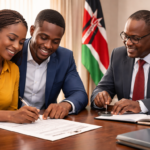 Kenyan couple signing a marriage affidavit with Republic of Kenya document and legal scales symbol