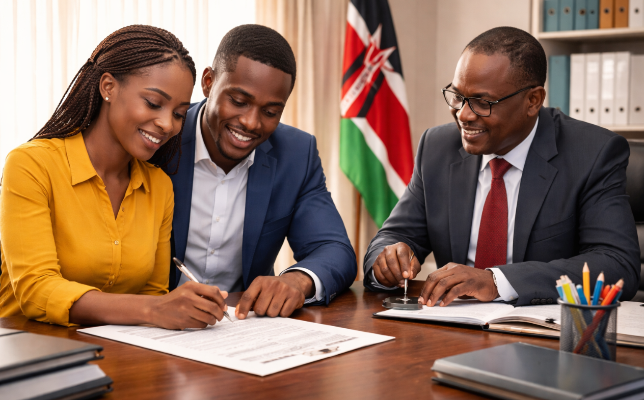 Kenyan couple signing a marriage affidavit with Republic of Kenya document and legal scales symbol