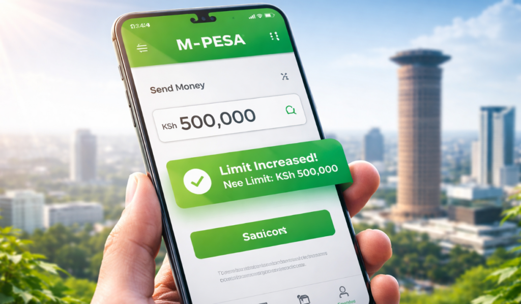 Smartphone showing increased M-PESA transaction limit to KSh 500,000 in Kenya