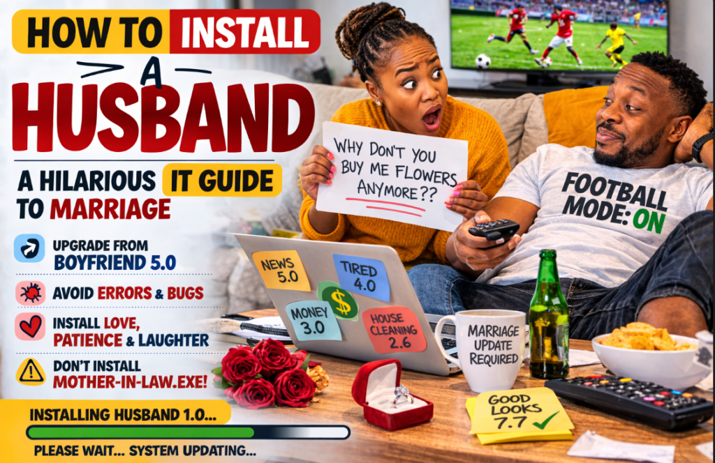 Humorous illustration of a couple during a “Husband 1.0 installation,” with a woman looking frustrated while the man watches football, representing funny marriage tech support advice.