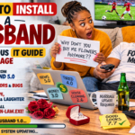 Humorous illustration of a couple during a “Husband 1.0 installation,” with a woman looking frustrated while the man watches football, representing funny marriage tech support advice.