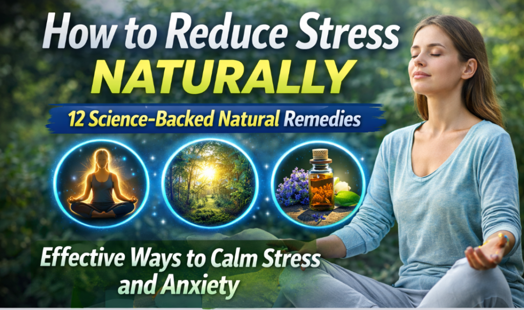 Woman meditating outdoors illustrating natural ways to reduce stress and anxiety using relaxation techniques, mindfulness, and nature therapy.