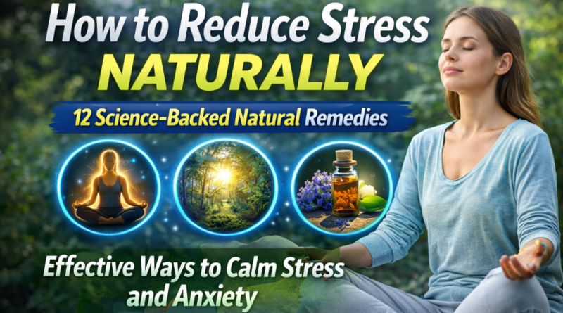 Woman meditating outdoors illustrating natural ways to reduce stress and anxiety using relaxation techniques, mindfulness, and nature therapy.