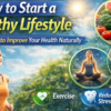Woman jogging outdoors with visuals of healthy food, meditation, and sleep representing how to start a healthy lifestyle through exercise, nutrition, and wellness habits.