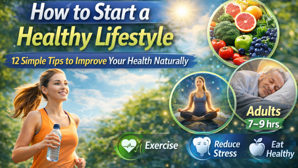 Woman jogging outdoors with visuals of healthy food, meditation, and sleep representing how to start a healthy lifestyle through exercise, nutrition, and wellness habits.