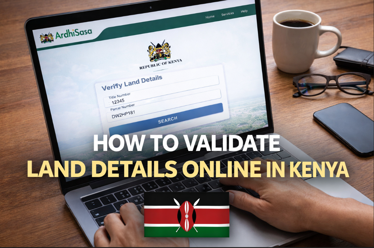 Laptop showing ArdhiSasa platform for verifying land details online in Kenya