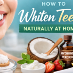 Natural teeth whitening remedies at home including baking soda, coconut oil, and hydrogen peroxide for a brighter smile.