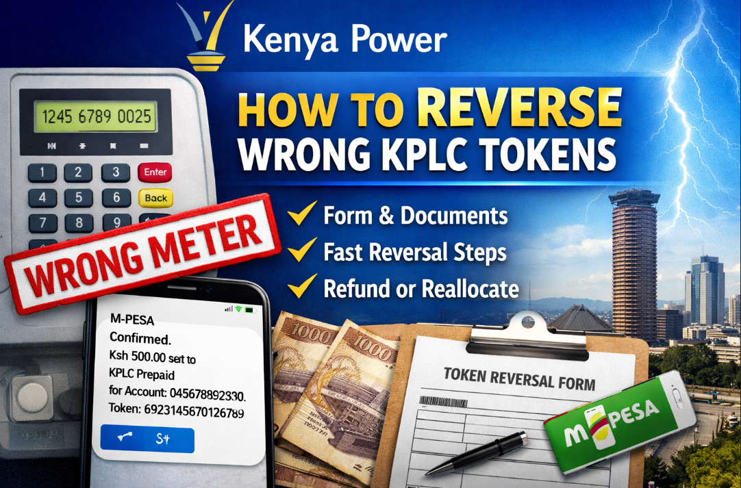 How to reverse wrong KPLC tokens showing prepaid meter, M-Pesa confirmation message, and Kenya Power token reversal form in Nairobi