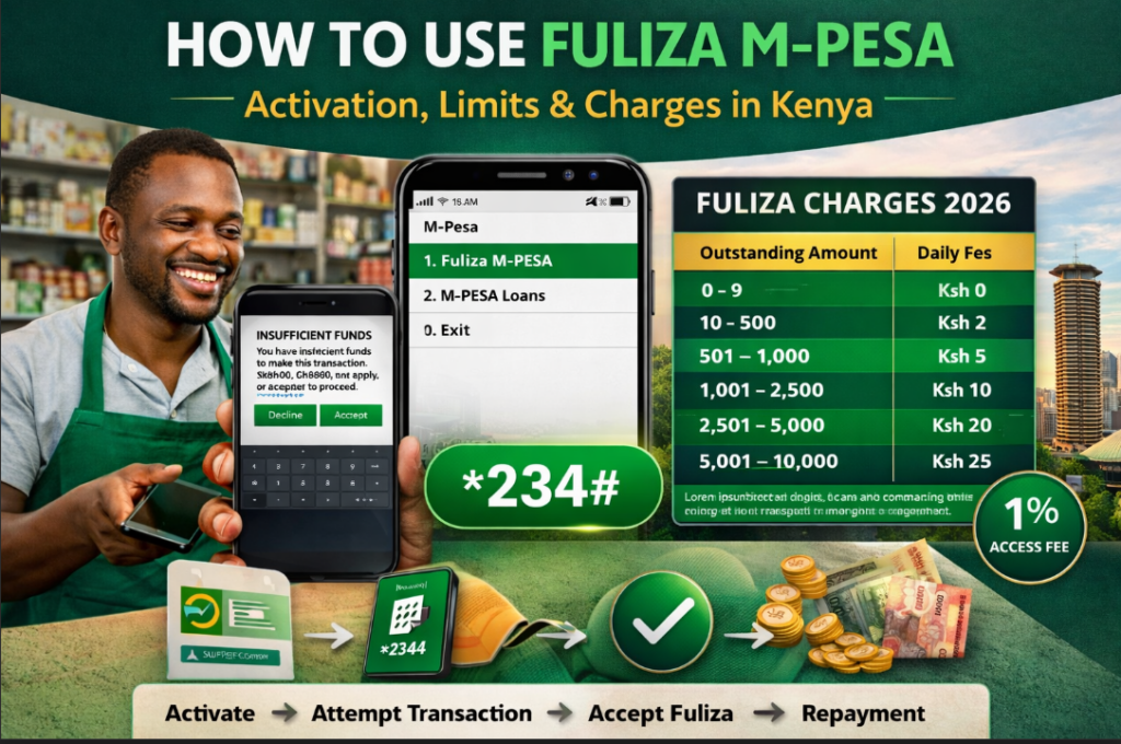 *How to use Fuliza M-Pesa in Kenya showing activation via 234#, insufficient funds prompt, and 2026 Fuliza charges table