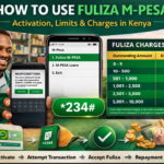 *How to use Fuliza M-Pesa in Kenya showing activation via 234#, insufficient funds prompt, and 2026 Fuliza charges table