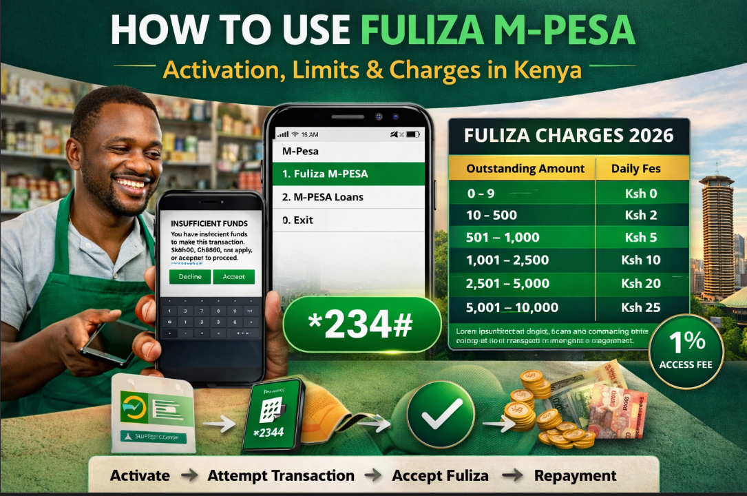 *How to use Fuliza M-Pesa in Kenya showing activation via 234#, insufficient funds prompt, and 2026 Fuliza charges table