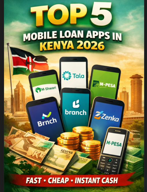 Top 5 best mobile loan apps in Kenya 2026 including M-Shwari, Tala, KCB M-PESA, Branch and Zenka offering instant loans via M-PESA