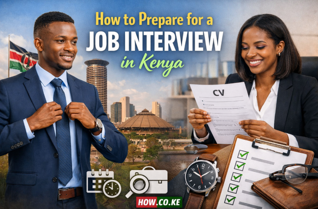 Professional Kenyan man and woman preparing for a job interview with CV and checklist