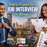 Professional Kenyan man and woman preparing for a job interview with CV and checklist