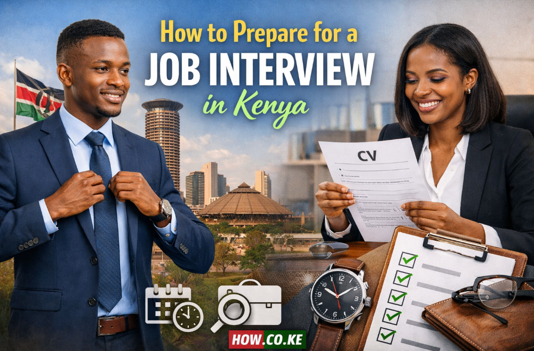Professional Kenyan man and woman preparing for a job interview with CV and checklist