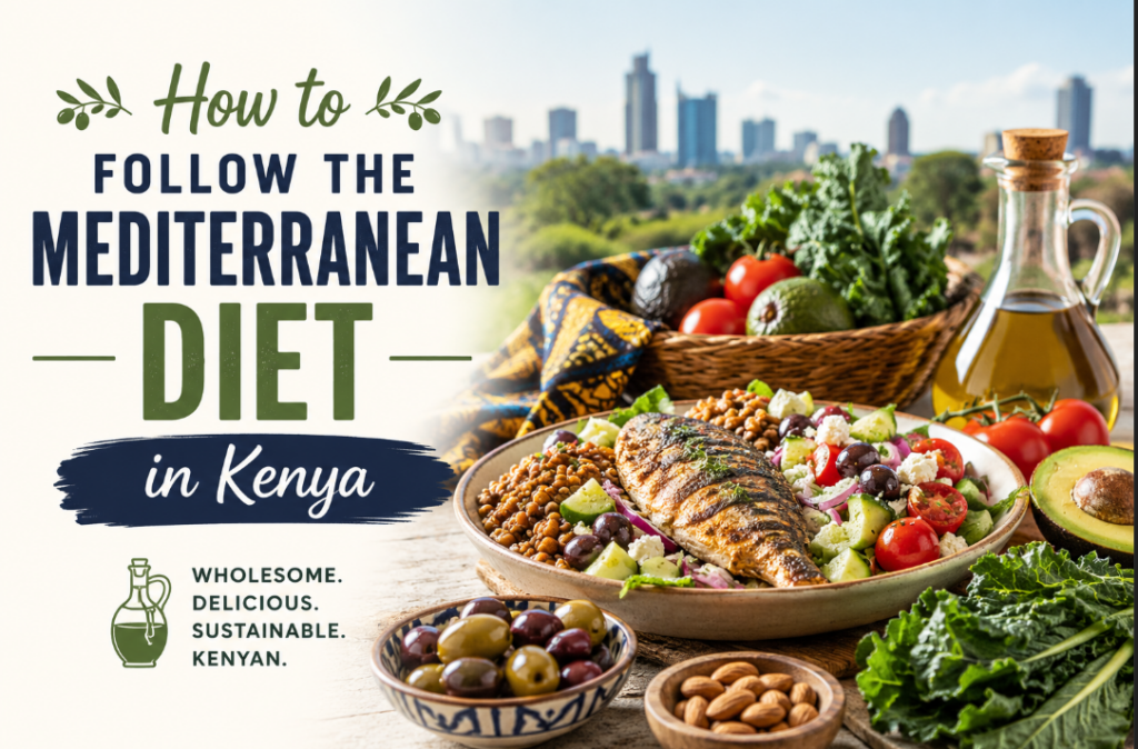 Mediterranean diet meal in Kenya with grilled fish, avocado, vegetables, lentils, nuts, olives, and olive oil.