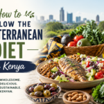 Mediterranean diet meal in Kenya with grilled fish, avocado, vegetables, lentils, nuts, olives, and olive oil.