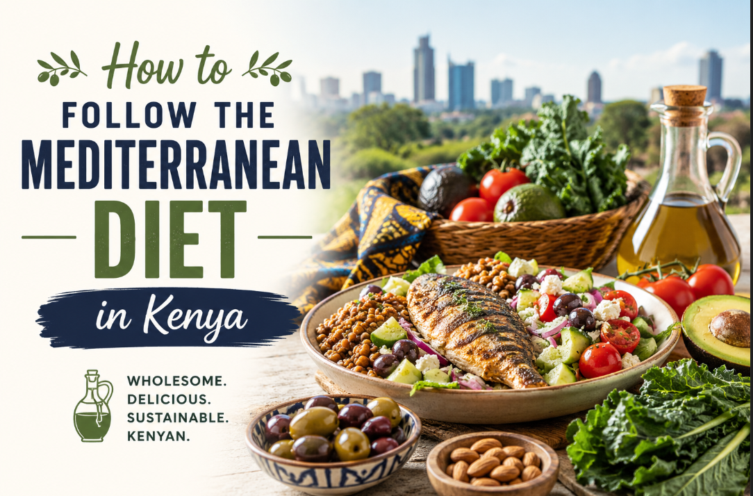 Mediterranean diet meal in Kenya with grilled fish, avocado, vegetables, lentils, nuts, olives, and olive oil.